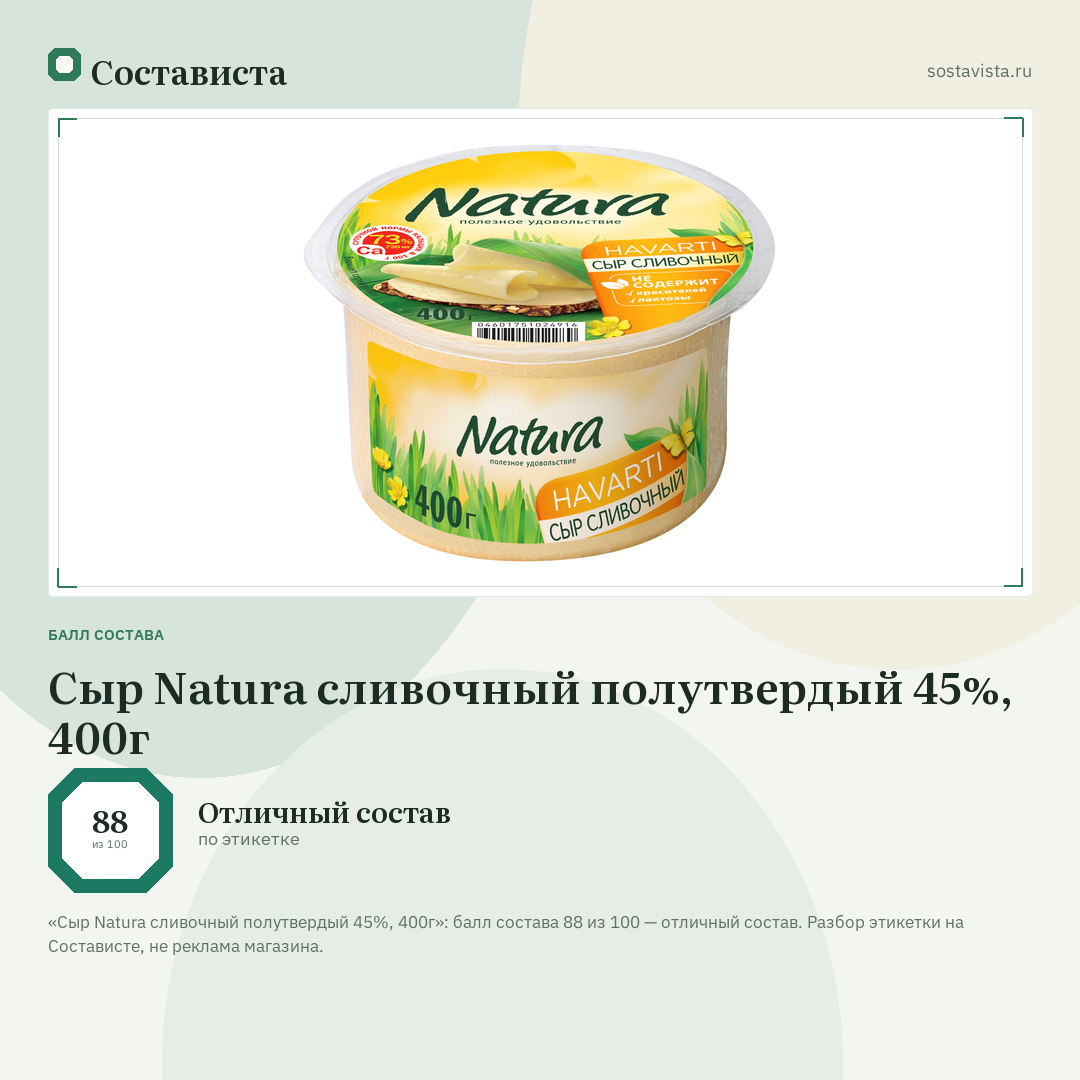 Сыр Natura сливочный полутвердый 45%, 400г: балл состава 88 из 100 — Состависта