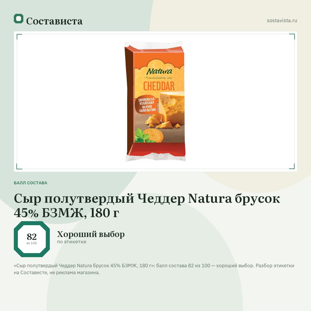 Сыр полутвердый Чеддер Natura брусок 45% БЗМЖ, 180 г: балл состава 82 из 100 — Состависта