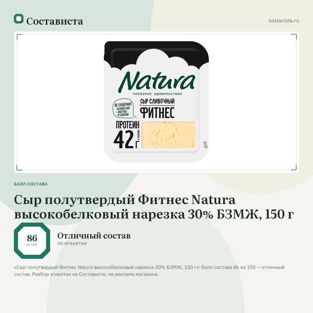 Сыр полутвердый Фитнес Natura высокобелковый нарезка 30% БЗМЖ, 150 г: балл состава 86 из 100 — Состависта
