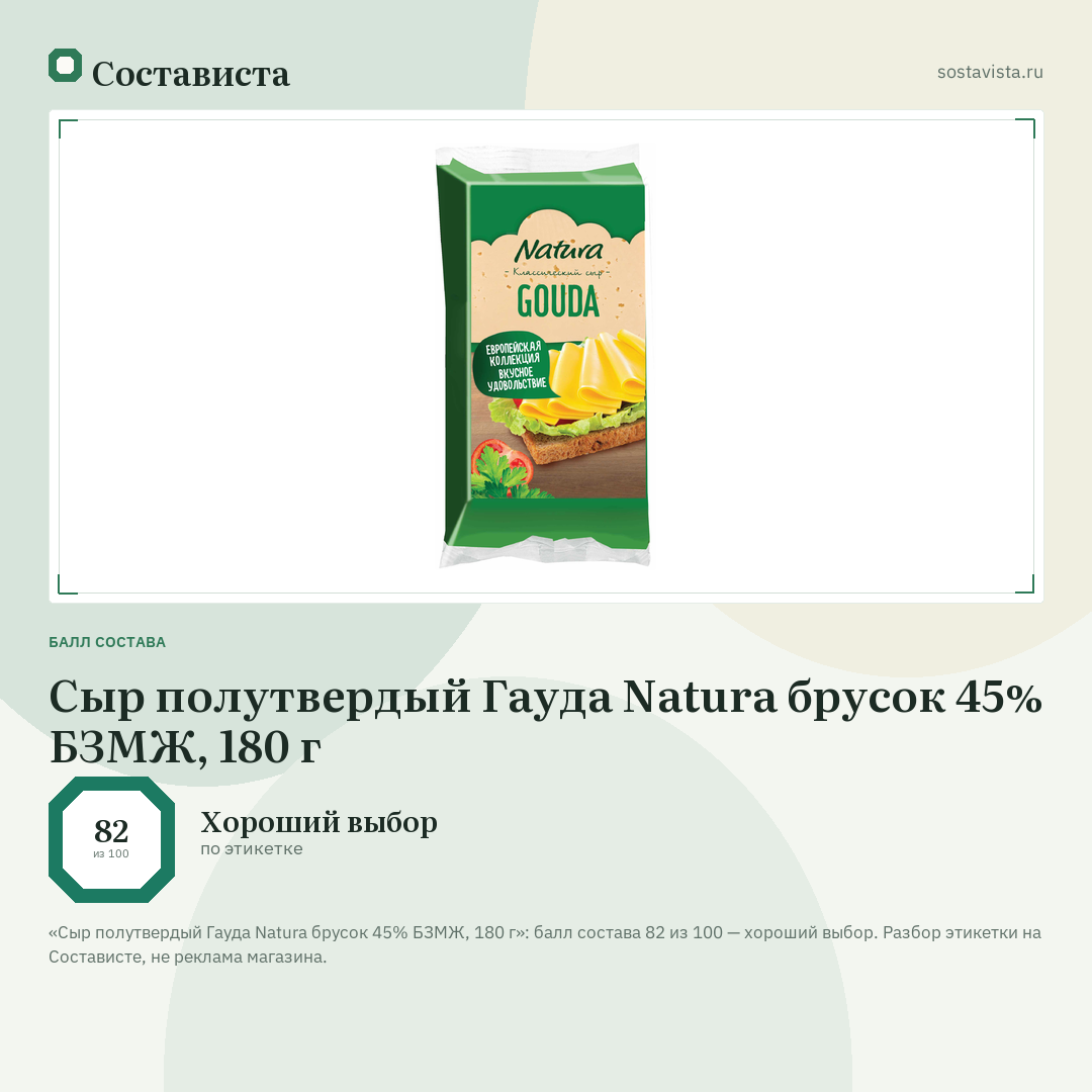 Сыр полутвердый Гауда Natura брусок 45% БЗМЖ, 180 г: балл состава 82 из 100 — Состависта