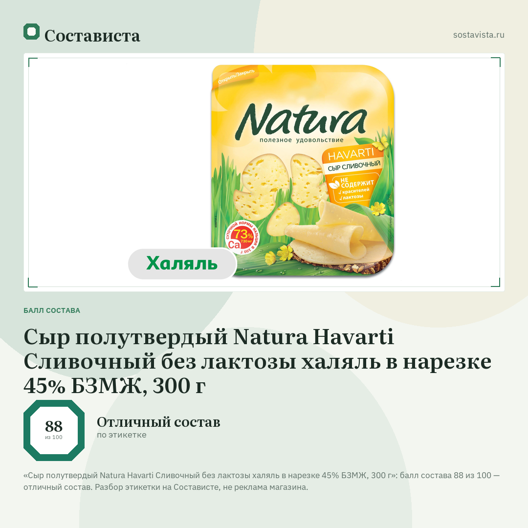 Сыр полутвердый Natura Havarti Сливочный без лактозы халяль в нарезке 45% БЗМЖ, 300 г: балл состава 88 из 100 — Состависта