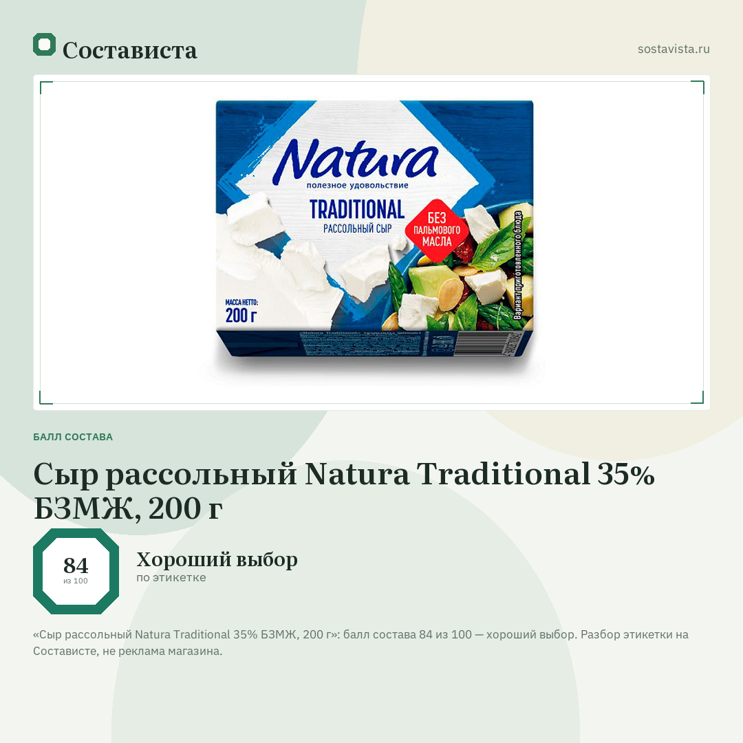 Сыр рассольный Natura Traditional 35% БЗМЖ, 200 г: балл состава 84 из 100 — Состависта