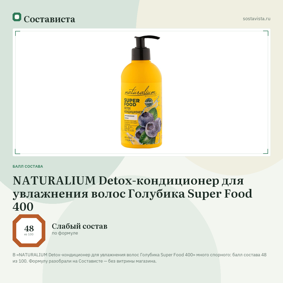 NATURALIUM Detox-кондиционер для увлажнения волос Голубика Super Food 400: балл состава 48 из 100 — Состависта