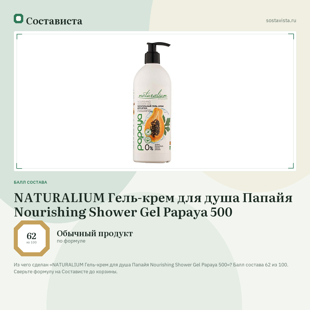 NATURALIUM Гель-крем для душа Папайя Nourishing Shower Gel Papaya 500: балл состава 62 из 100 — Состависта