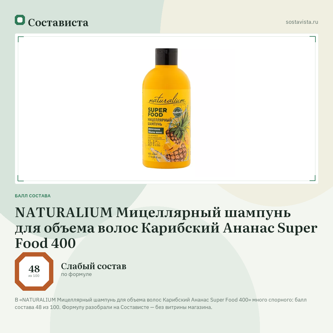 NATURALIUM Мицеллярный шампунь для объема волос Карибский Ананас Super Food 400: балл состава 48 из 100 — Состависта