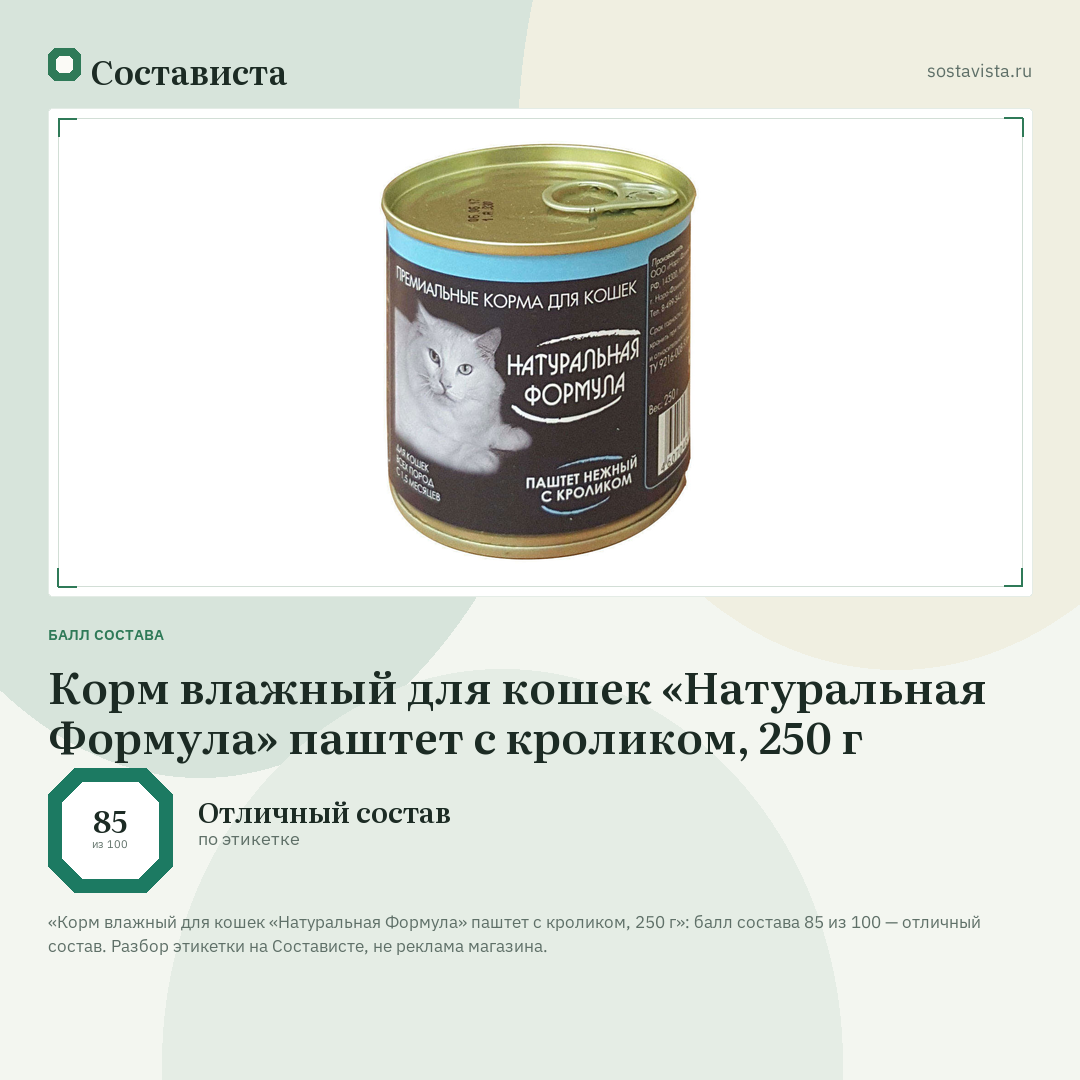 Корм влажный для кошек «Натуральная Формула» паштет с кроликом, 250 г: балл состава 85 из 100 — Состависта