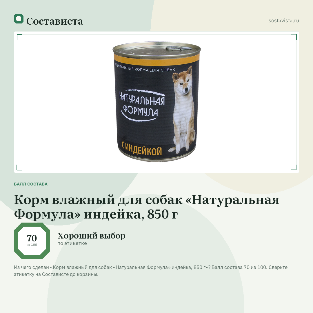 Корм влажный для собак «Натуральная Формула» индейка, 850 г: балл состава 70 из 100 — Состависта