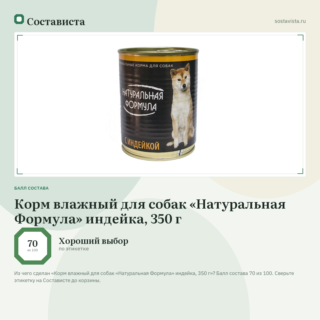 Корм влажный для собак «Натуральная Формула» индейка, 350 г: балл состава 70 из 100 — Состависта
