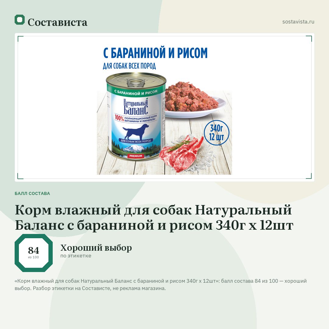 Корм влажный для собак Натуральный Баланс с бараниной и рисом 340г х 12шт: балл состава 84 из 100 — Состависта