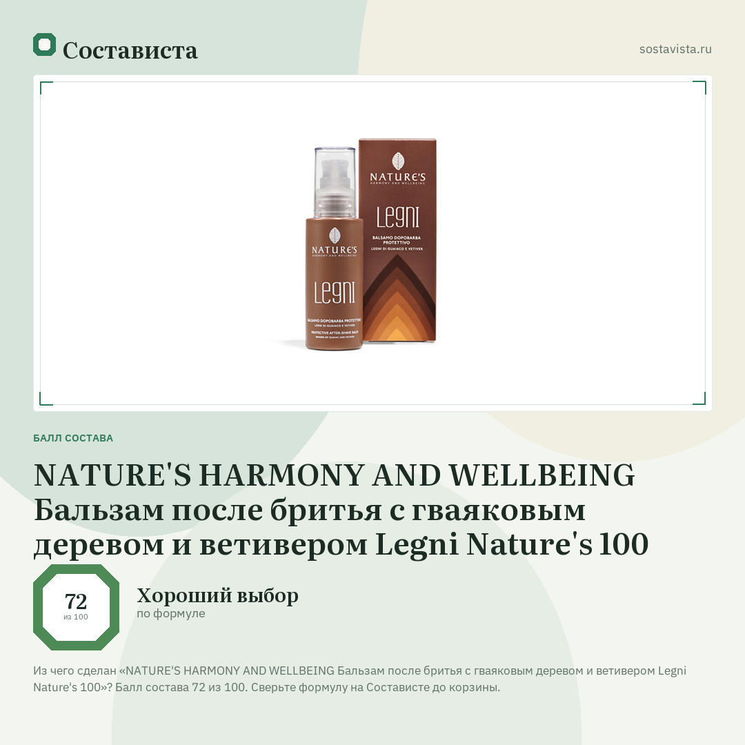 NATURE'S HARMONY AND WELLBEING Бальзам после бритья с гваяковым деревом и ветивером Legni Nature's 100: балл состава 72 из 100 — Состависта