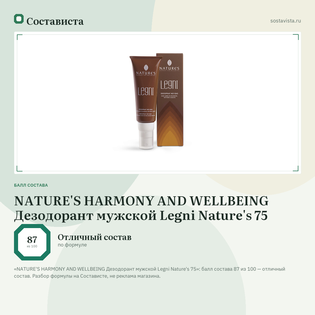 NATURE'S HARMONY AND WELLBEING Дезодорант мужской Legni Nature's 75: балл состава 87 из 100 — Состависта