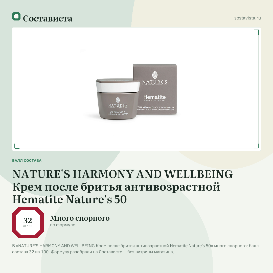 NATURE'S HARMONY AND WELLBEING Крем после бритья антивозрастной Hematite Nature's 50: балл состава 32 из 100 — Состависта