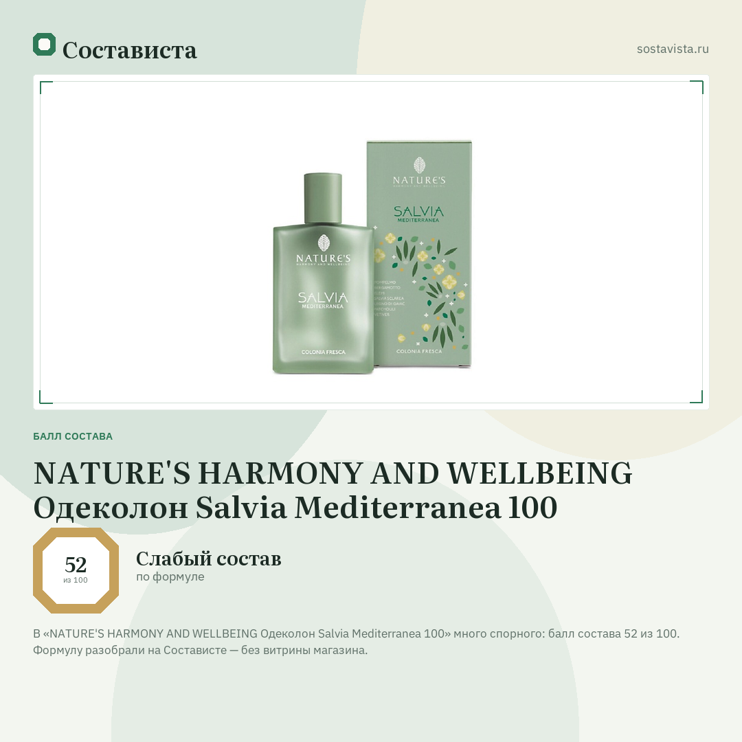 NATURE'S HARMONY AND WELLBEING Одеколон Salvia Mediterranea 100: балл состава 52 из 100 — Состависта