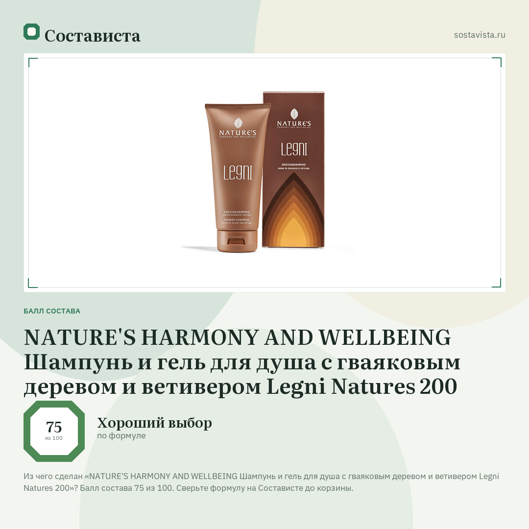 NATURE'S HARMONY AND WELLBEING Шампунь и гель для душа с гваяковым деревом и ветивером Legni Natures 200: балл состава 75 из 100 — Состависта