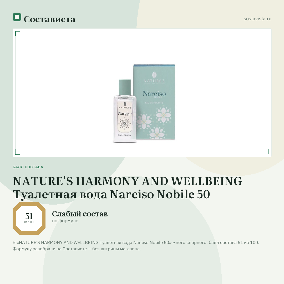 NATURE'S HARMONY AND WELLBEING Туалетная вода Narciso Nobile 50: балл состава 51 из 100 — Состависта