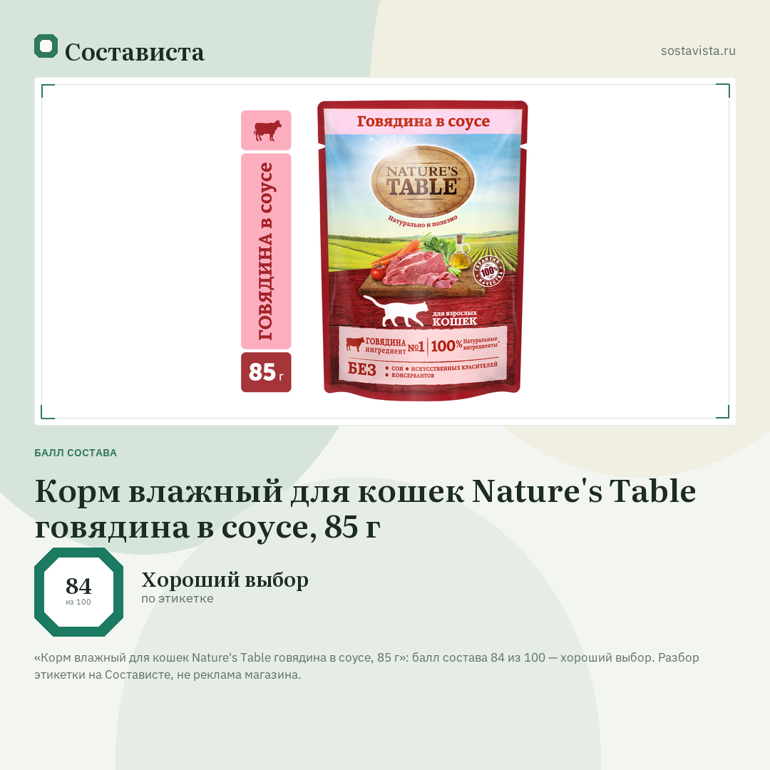 Корм влажный для кошек Nature's Table говядина в соусе, 85 г: балл состава 84 из 100 — Состависта