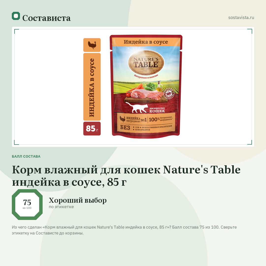 Корм влажный для кошек Nature's Table индейка в соусе, 85 г: балл состава 75 из 100 — Состависта