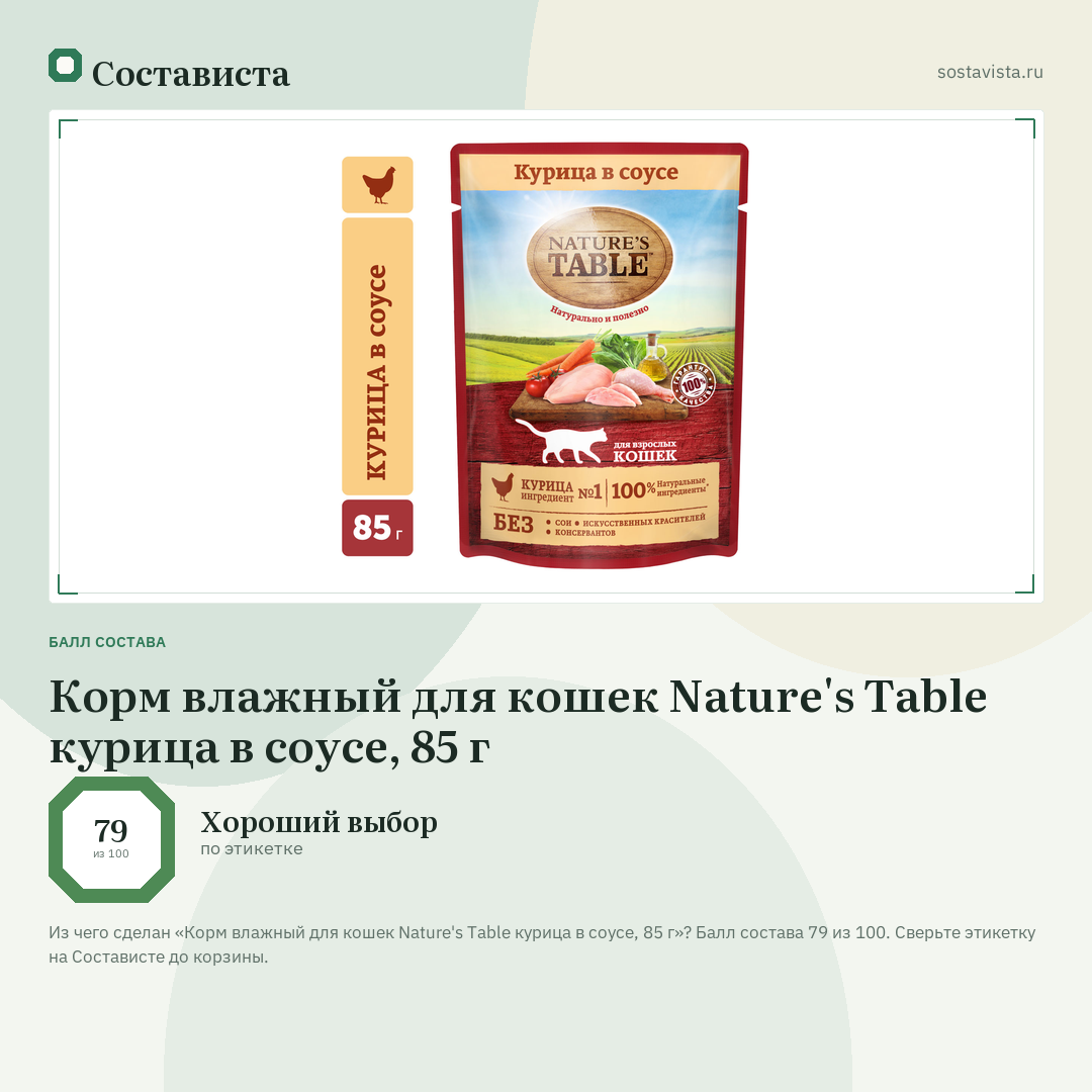 Корм влажный для кошек Nature's Table курица в соусе, 85 г: балл состава 79 из 100 — Состависта