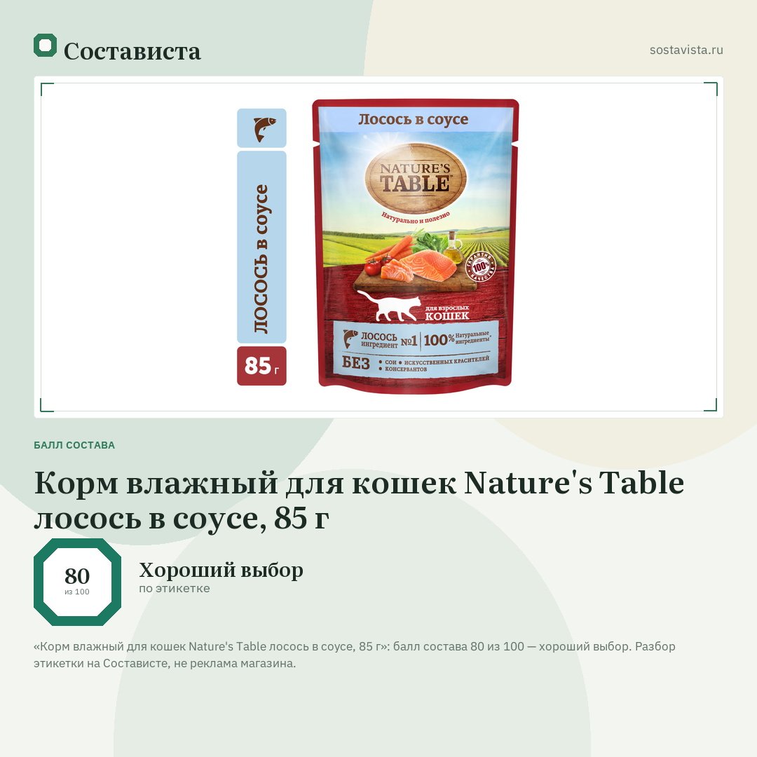 Корм влажный для кошек Nature's Table лосось в соусе, 85 г: балл состава 80 из 100 — Состависта