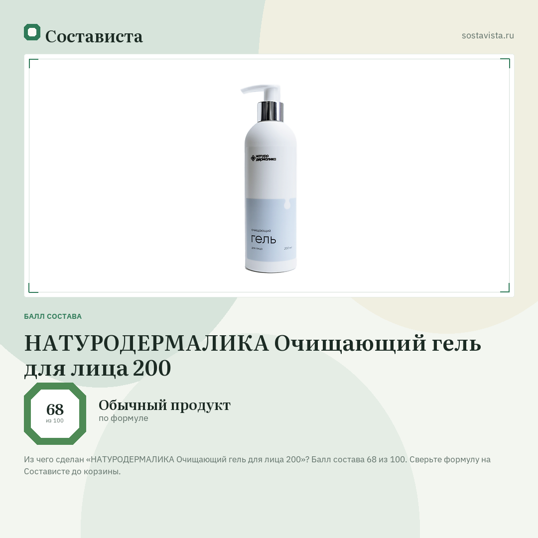 НАТУРОДЕРМАЛИКА Очищающий гель для лица 200: балл состава 68 из 100 — Состависта