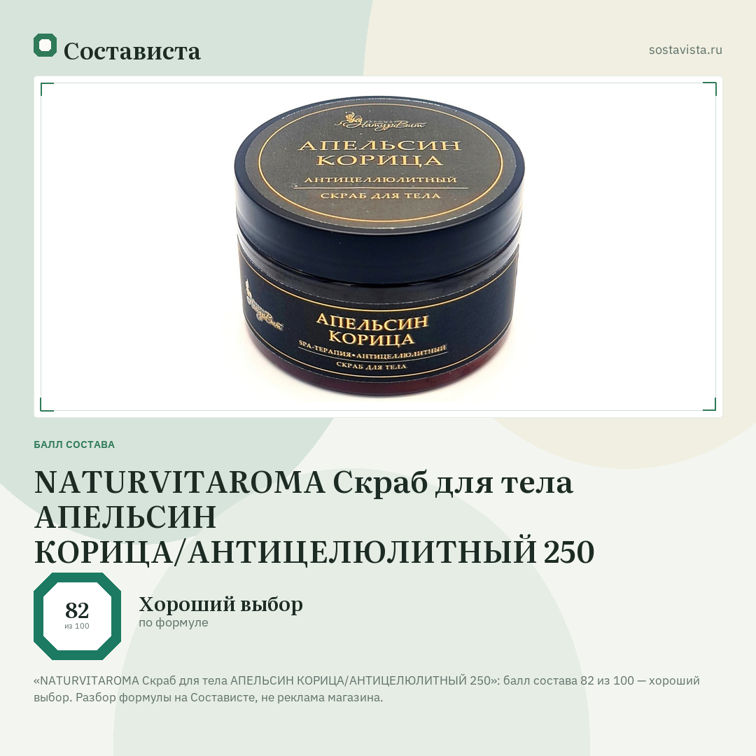 NATURVITAROMA Скраб для тела АПЕЛЬСИН КОРИЦА/АНТИЦЕЛЮЛИТНЫЙ 250: балл состава 82 из 100 — Состависта