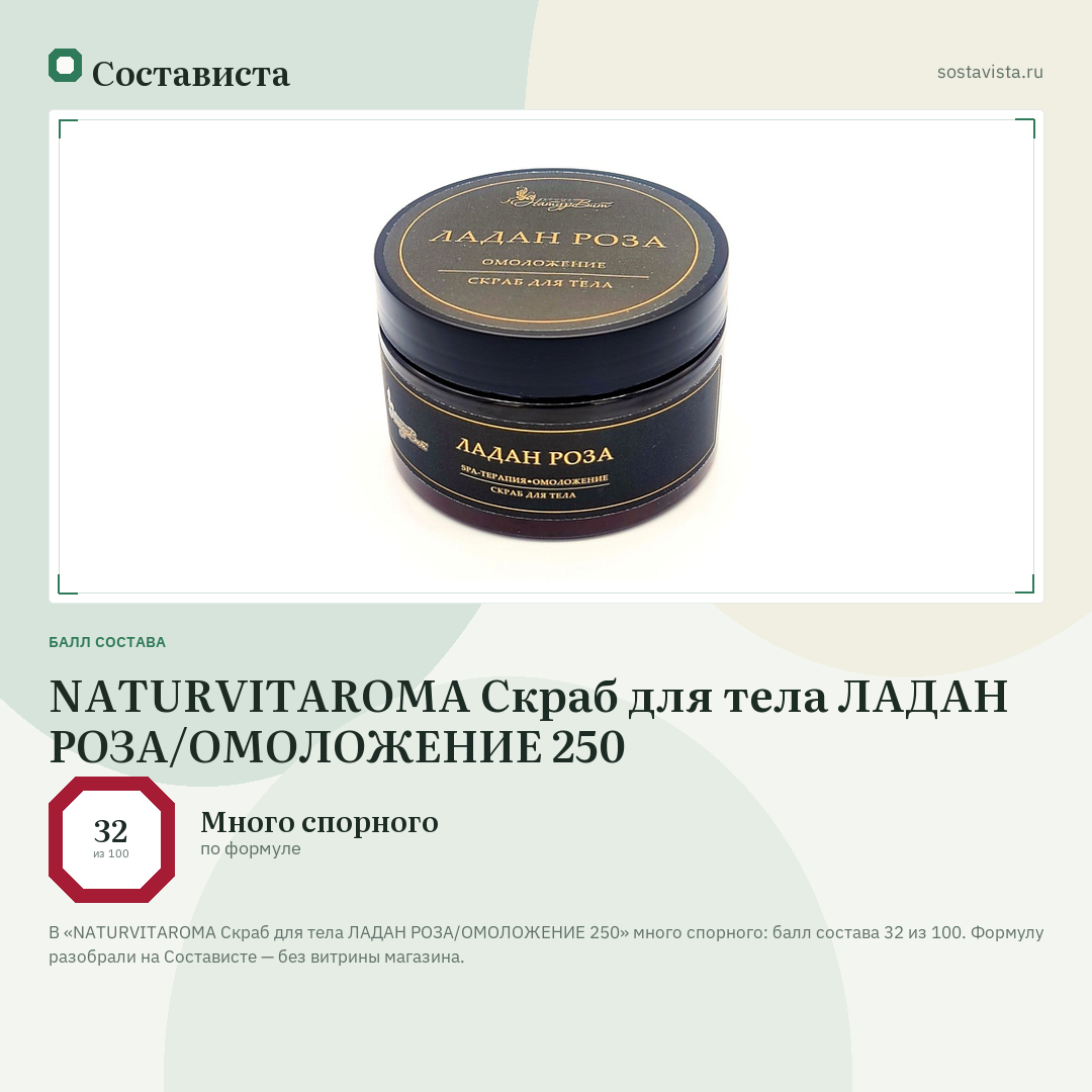 NATURVITAROMA Скраб для тела ЛАДАН РОЗА/ОМОЛОЖЕНИЕ 250: балл состава 32 из 100 — Состависта
