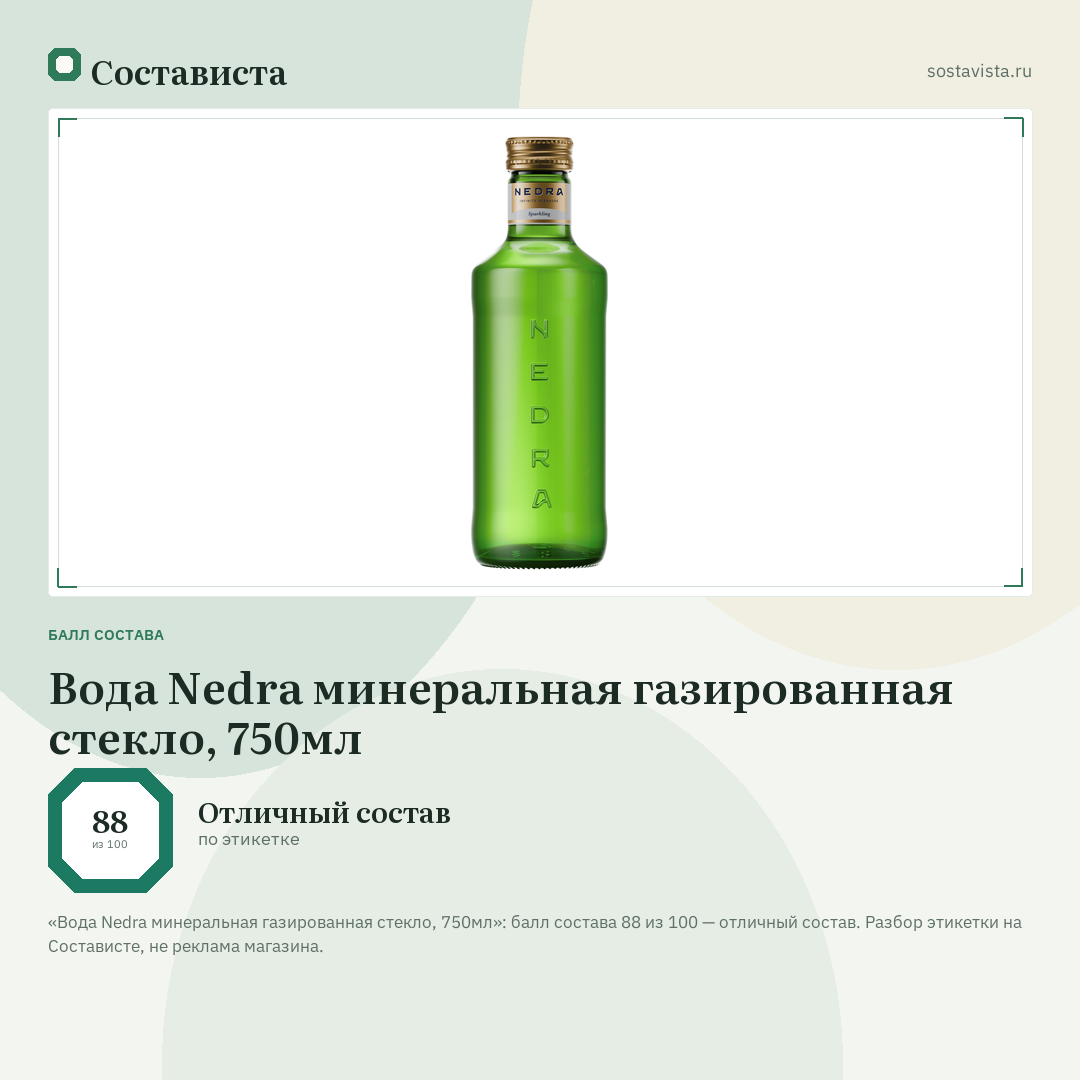 Вода Nedra минеральная газированная стекло, 750мл: балл состава 88 из 100 — Состависта