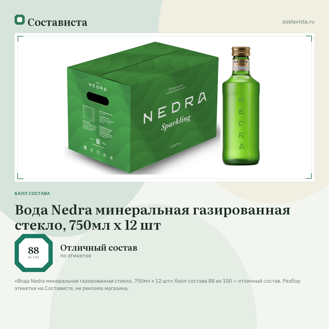 Вода Nedra минеральная газированная стекло, 750мл x 12 шт: балл состава 88 из 100 — Состависта