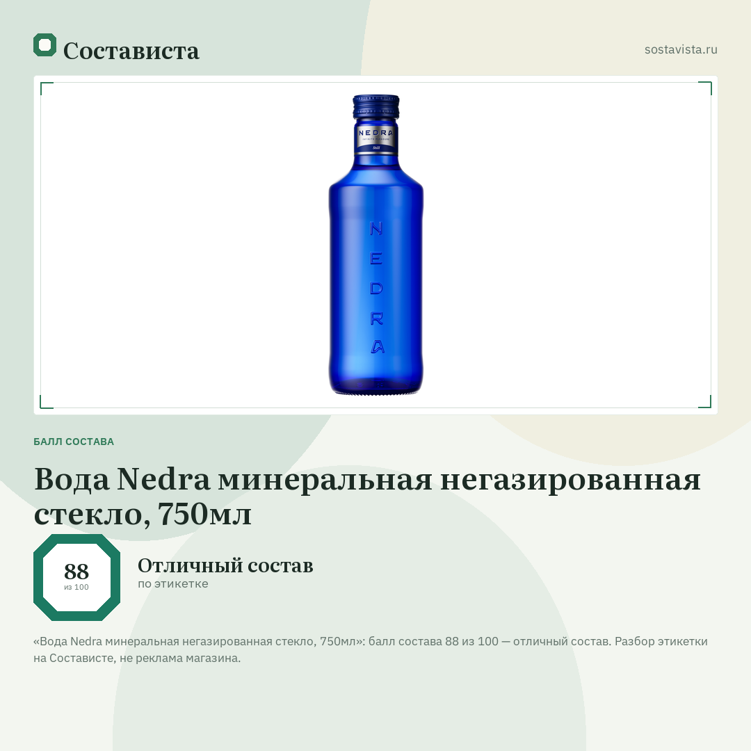 Вода Nedra минеральная негазированная стекло, 750мл: балл состава 88 из 100 — Состависта