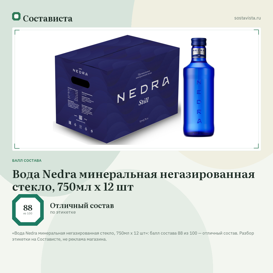 Вода Nedra минеральная негазированная стекло, 750мл x 12 шт: балл состава 88 из 100 — Состависта