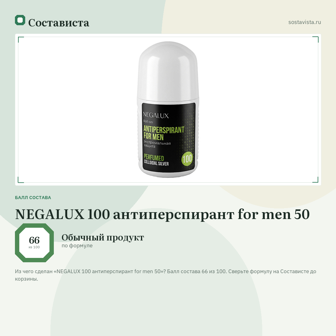 NEGALUX 100 антиперспирант for men 50: балл состава 66 из 100 — Состависта