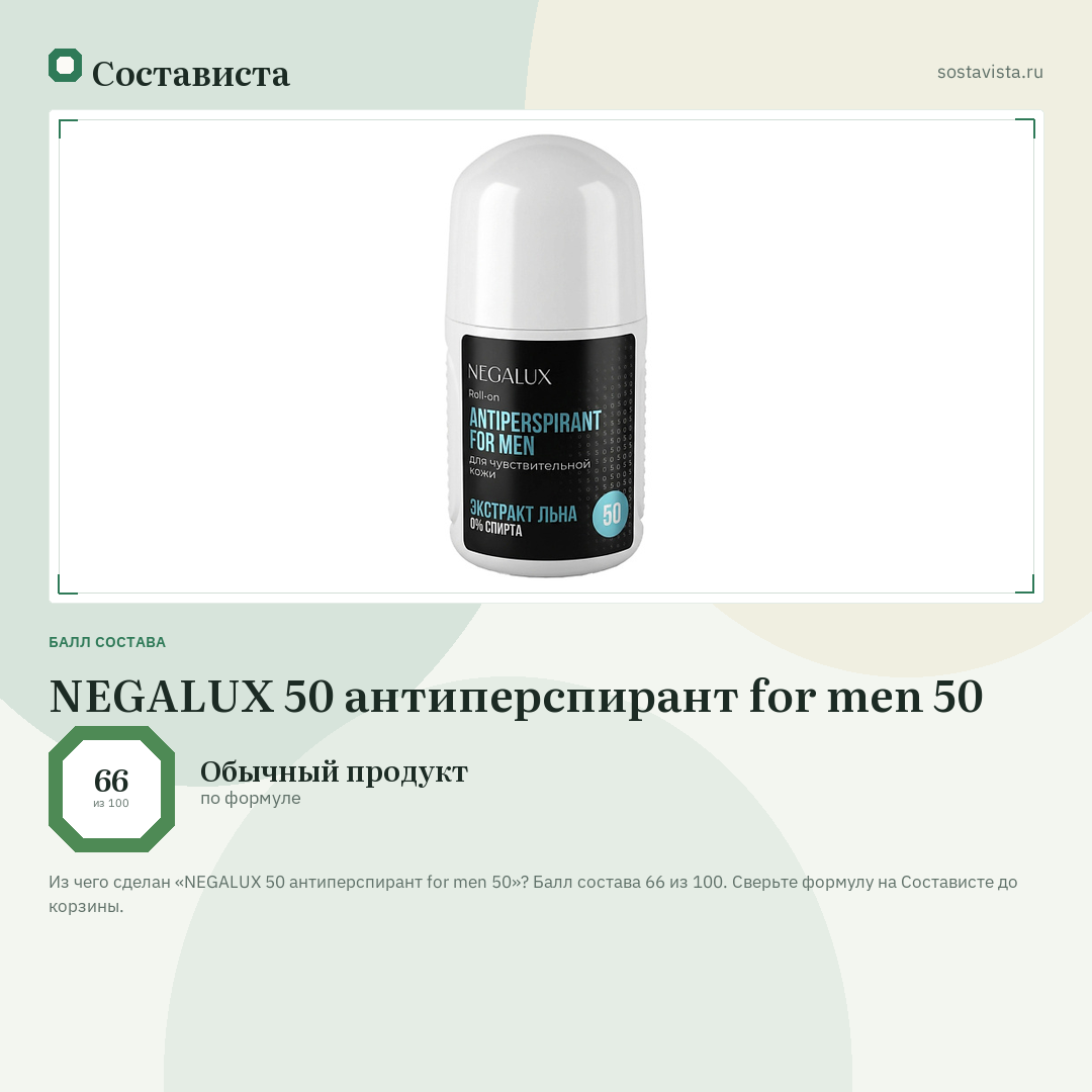 NEGALUX 50 антиперспирант for men 50: балл состава 66 из 100 — Состависта