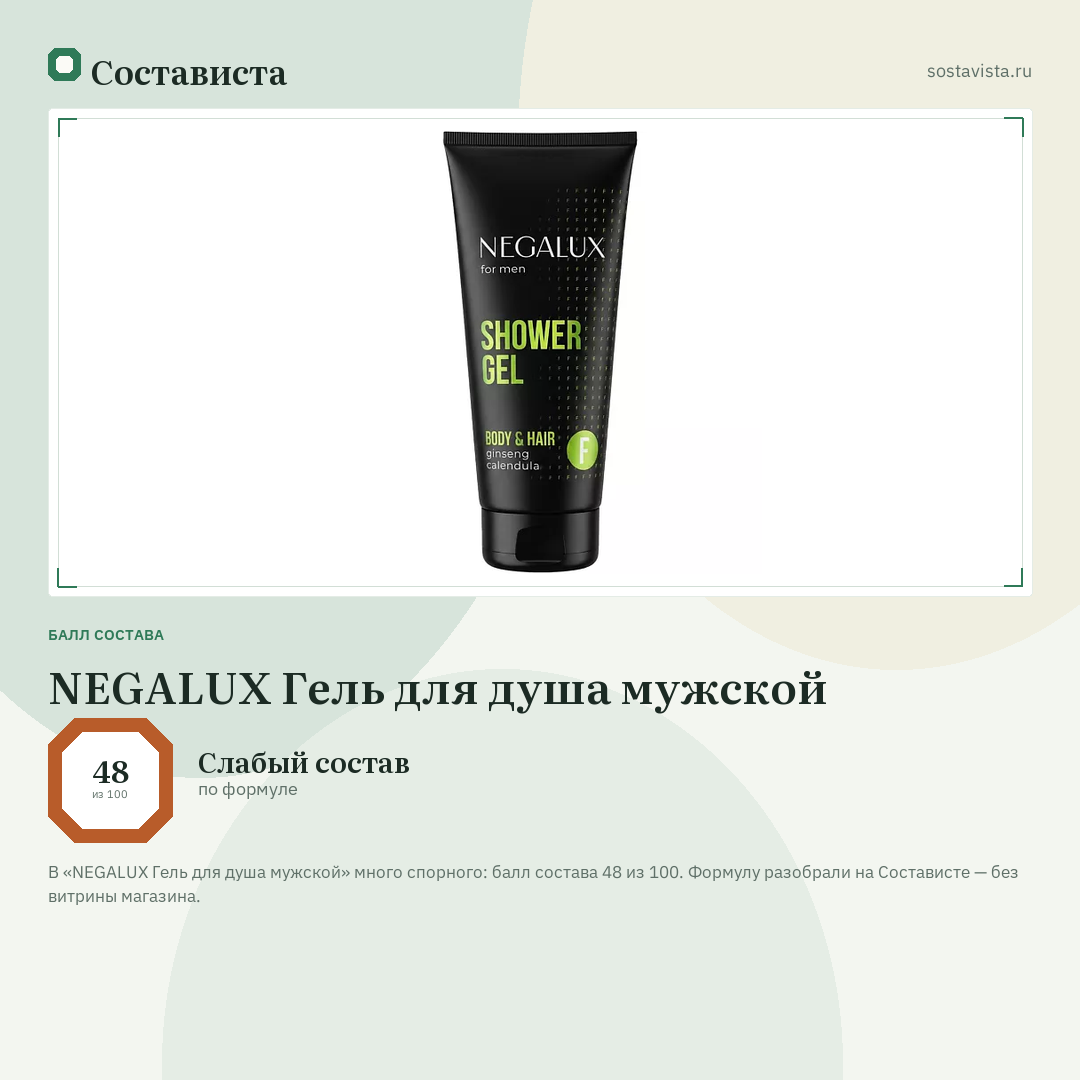 NEGALUX Гель для душа мужской: балл состава 48 из 100 — Состависта