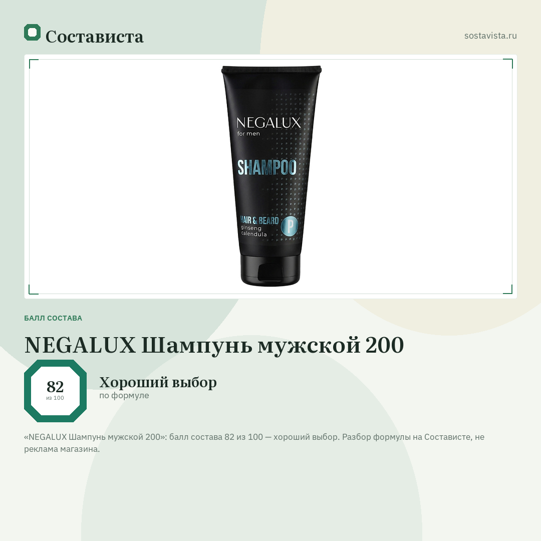 NEGALUX Шампунь мужской 200: балл состава 82 из 100 — Состависта
