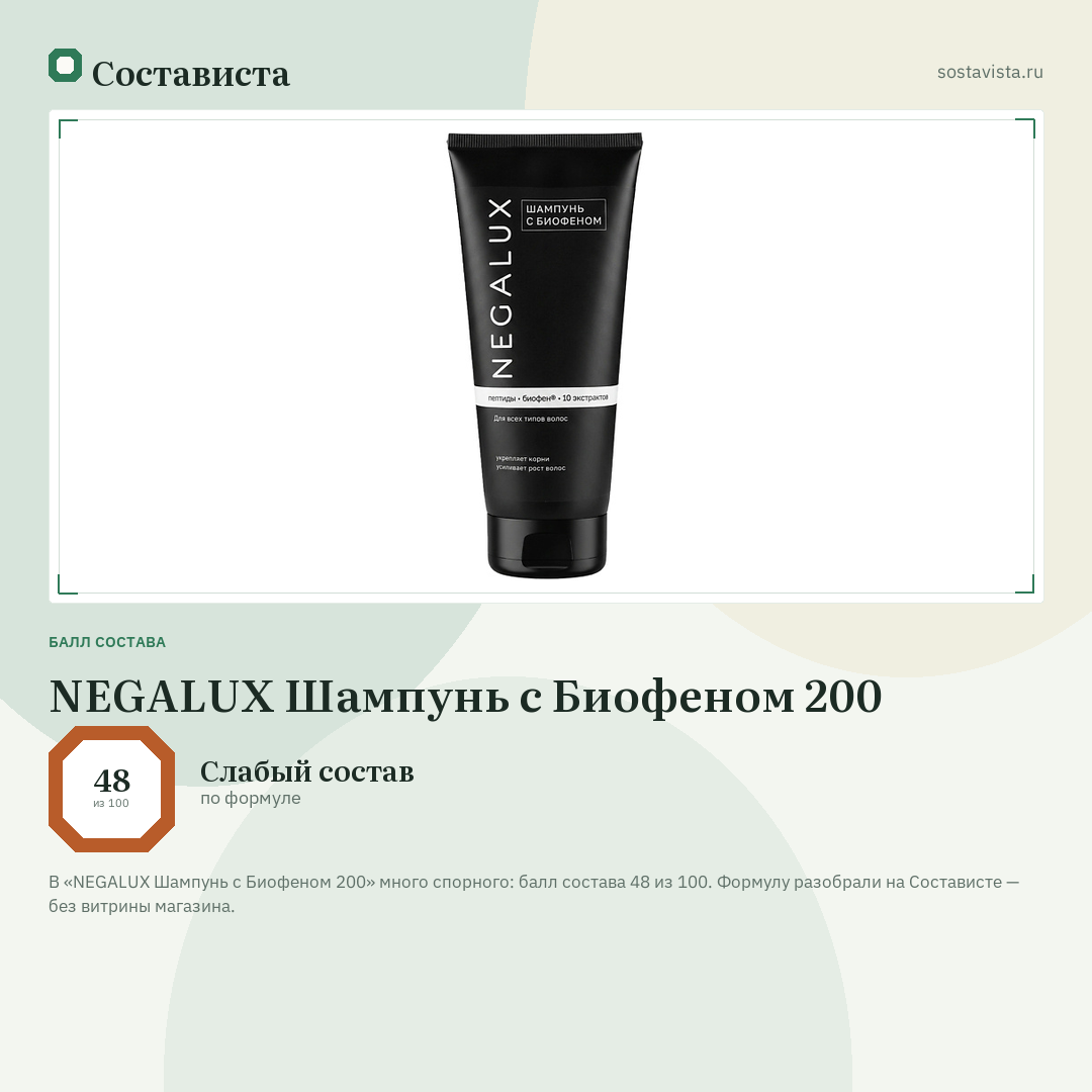 NEGALUX Шампунь с Биофеном 200: балл состава 48 из 100 — Состависта