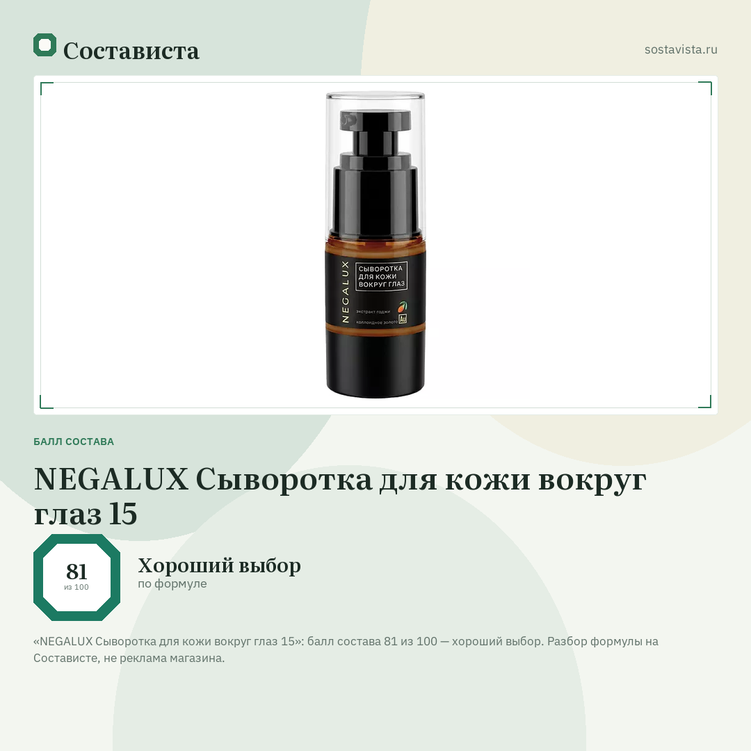 NEGALUX Сыворотка для кожи вокруг глаз 15: балл состава 81 из 100 — Состависта