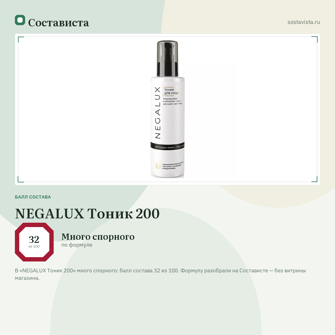 NEGALUX Тоник 200: балл состава 32 из 100 — Состависта