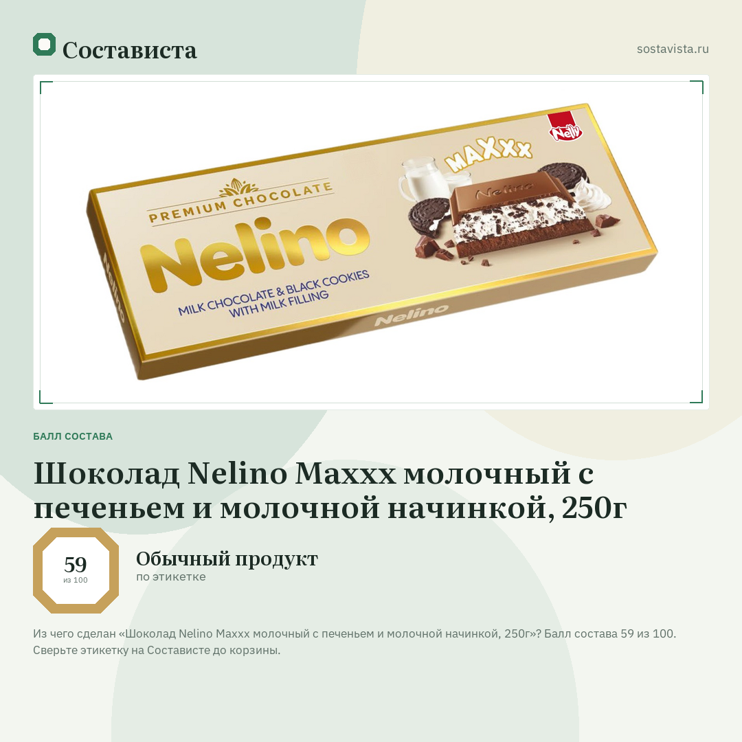 Шоколад Nelino Maxxx молочный с печеньем и молочной начинкой, 250г: балл состава 59 из 100 — Состависта