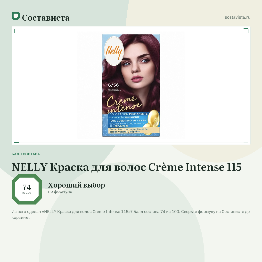 NELLY Краска для волос Crème Intense 115: балл состава 74 из 100 — Состависта
