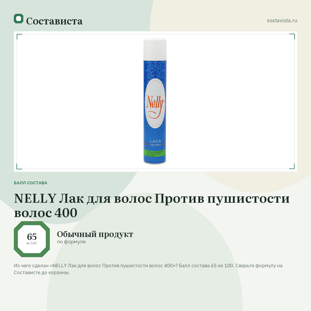 NELLY Лак для волос Против пушистости волос 400: балл состава 65 из 100 — Состависта