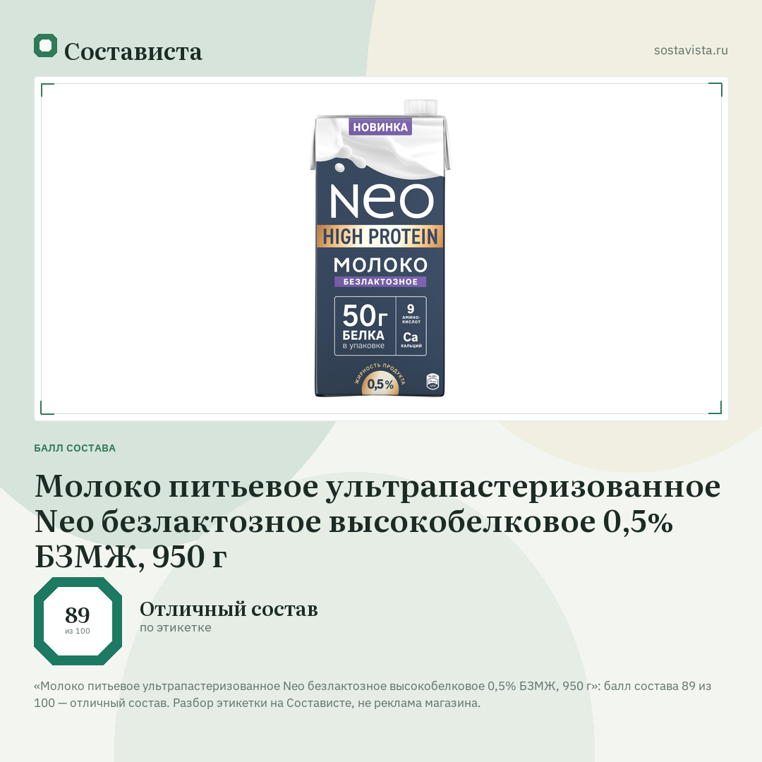 Молоко питьевое ультрапастеризованное Neo безлактозное высокобелковое 0,5% БЗМЖ, 950 г: балл состава 89 из 100 — Состависта