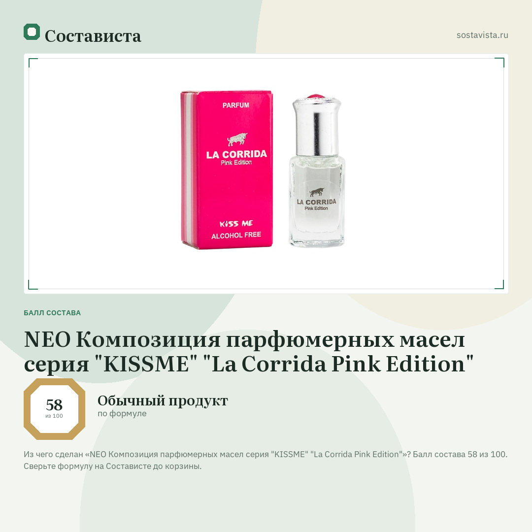 NEO Композиция парфюмерных маcел серия "KISSME" "La Corrida Pink Edition": балл состава 58 из 100 — Состависта