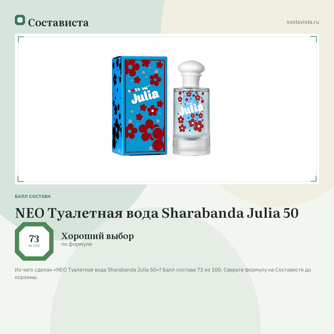 NEO Туалетная вода Sharabanda Julia 50: балл состава 73 из 100 — Состависта
