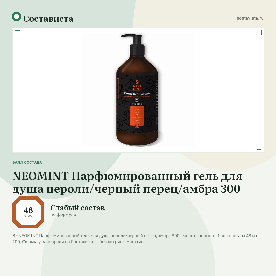 NEOMINT Парфюмированный гель для душа нероли/черный перец/амбра 300: балл состава 48 из 100 — Состависта
