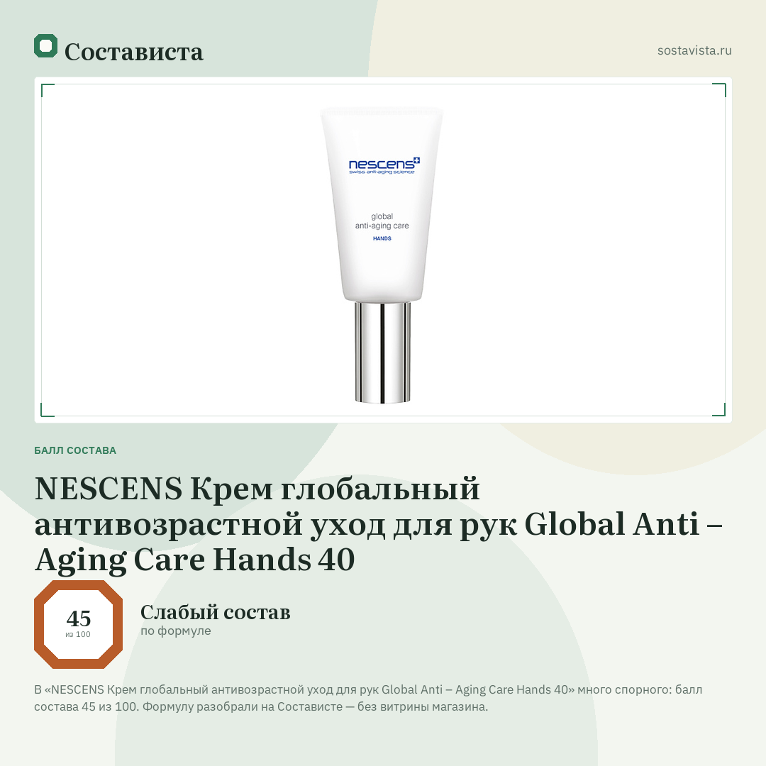 NESCENS Крем глобальный антивозрастной уход для рук Global Anti – Aging Care Hands 40: балл состава 45 из 100 — Состависта