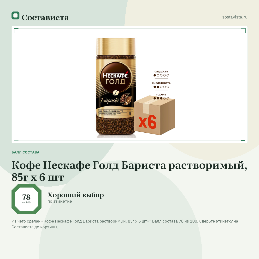 Кофе Нескафе Голд Бариста растворимый, 85г x 6 шт: балл состава 78 из 100 — Состависта