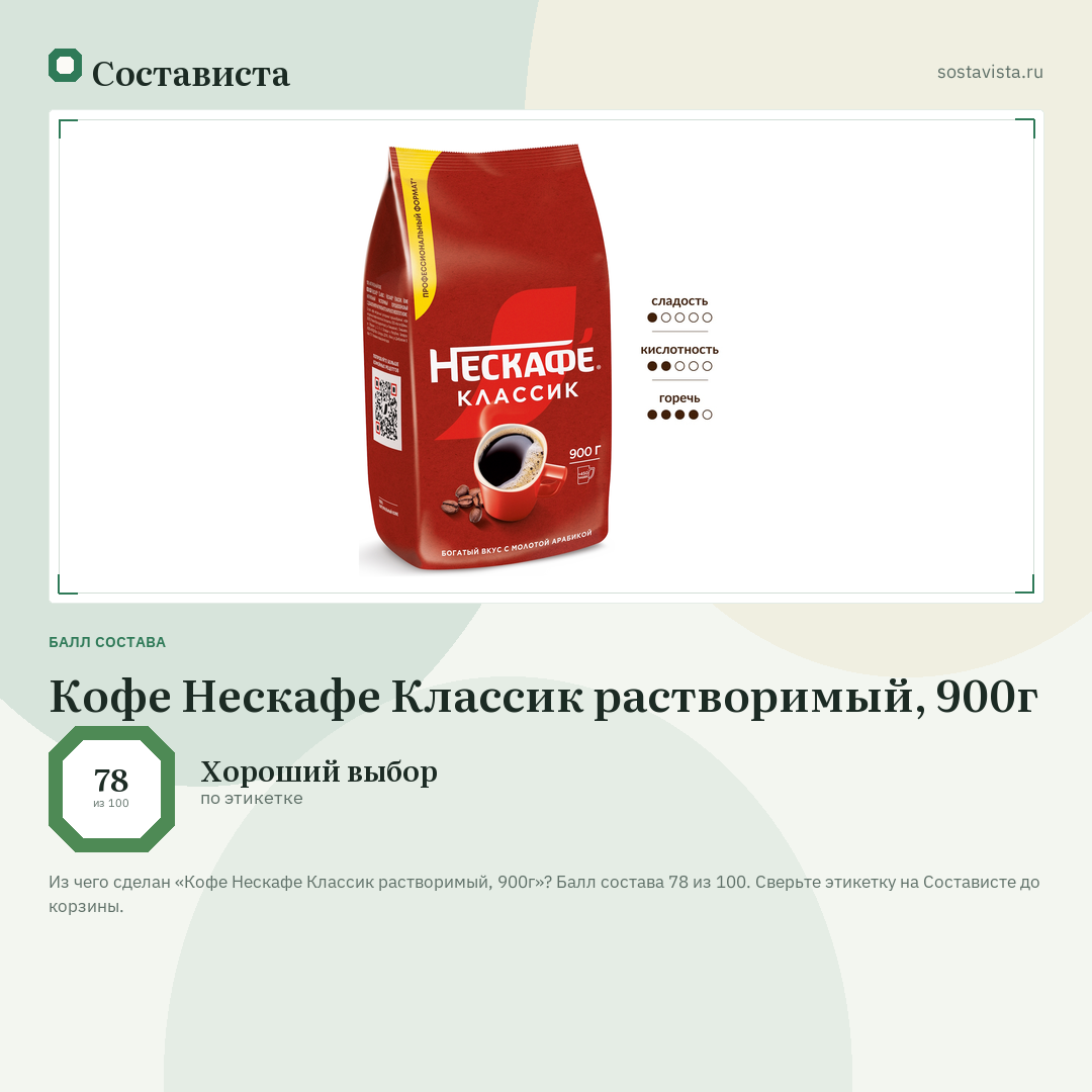 Кофе Нескафе Классик растворимый, 900г: балл состава 78 из 100 — Состависта