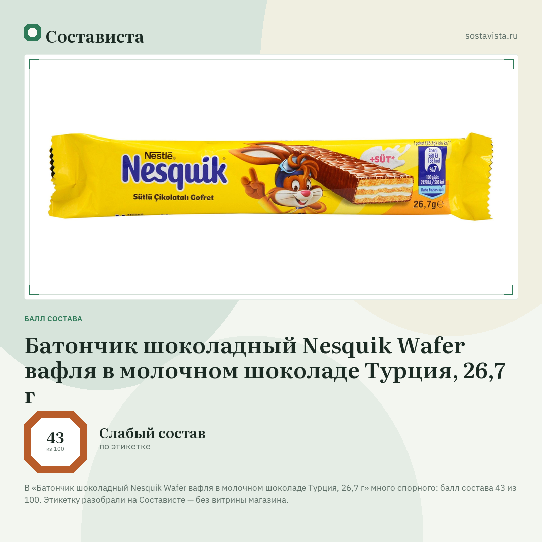 Батончик шоколадный Nesquik Wafer вафля в молочном шоколаде Турция, 26,7 г: балл состава 43 из 100 — Состависта