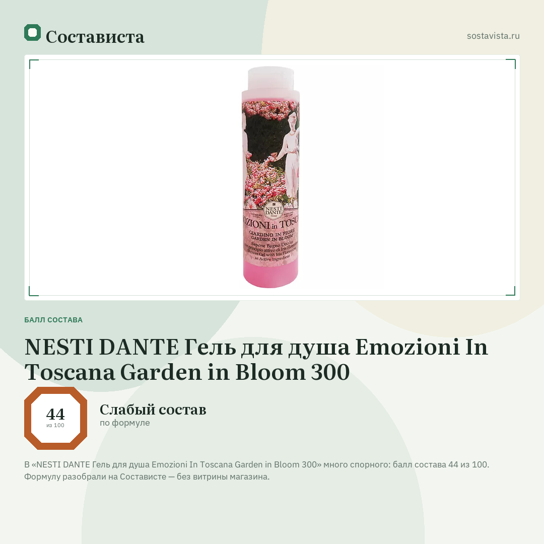 NESTI DANTE Гель для душа Emozioni In Toscana Garden in Bloom 300: балл состава 44 из 100 — Состависта