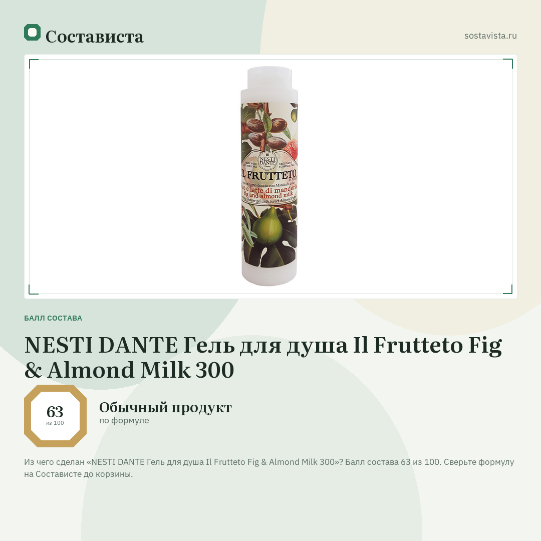 NESTI DANTE Гель для душа Il Frutteto Fig & Almond Milk 300: балл состава 63 из 100 — Состависта